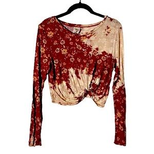Self Esteem Red and Cream Tie-Dye Floral Crop Top